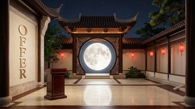 Celebrating the mid autumn festival a radiant full moon illuminates a traditional chinese architectural gateway symbolizing unity and family reunion under