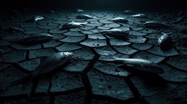 Dead fish lie on dry cracked earth, a desolate landscape showing water scarcity and ecological crisis. This scene conveys drought, environmental disaster, and nature struggle.
