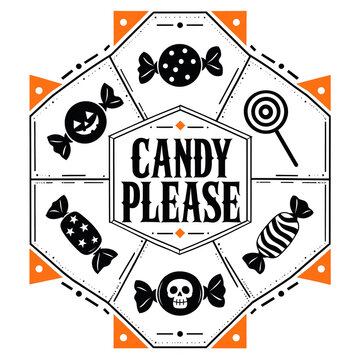 Candy please halloween geometric badge with sweet treats and skull illustration spooky treats trick or treat halloween emblem sugar skull lollipop candy wrapped candy october holiday