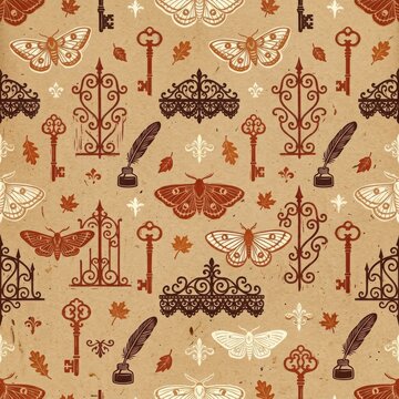 Vintage moths and ornate keys and gates and quills seamless pattern for antique papers and historical designs.