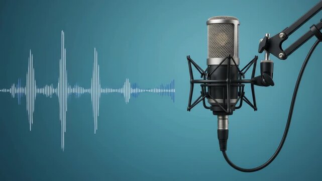 Professional condenser microphone on a boom arm with a dynamic sound wave on a blue background. Ideal concept for podcasting, radio broadcasting, voiceover, and audio recording