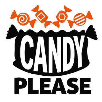 Candy please halloween graphic with tied treat bag and assorted orange sweets trick or treat halloween design sweet treats halloween vector holiday celebration halloween illustration