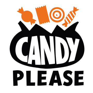 Candy please halloween print design showing assorted wrapped sweets in a pouch with trick or treat candy bag sweet treats halloween vector orange treats holiday celebration halloween