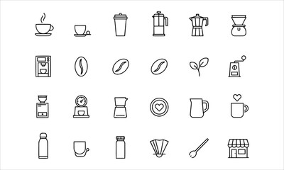 Fototapeta premium Set outline icons related to coffee. Linear icon collection. Editable stroke. Vector illustration