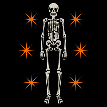 Creepy skeleton full body vector illustration with typography and orange starbursts halloween graphic bone anatomy human skeleton spooky illustration vector design dark art retro typogra