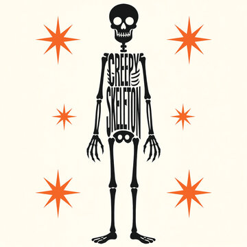 Creepy skeleton full body vintage vector graphic with typography and orange starbursts halloween graphic bone anatomy human skeleton spooky illustration vector design dark art skeleton