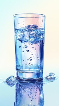 Sparkling water glass, ice cubes, reflection, clean background, refreshing drink
