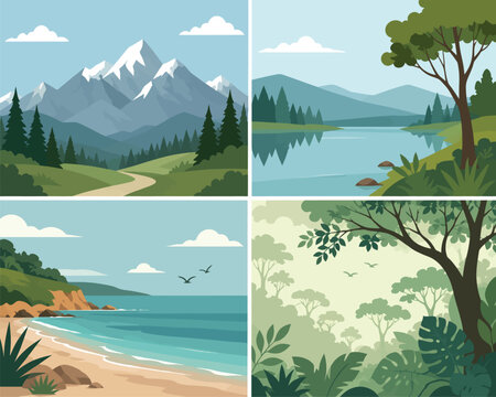 Vsai diverse natural landscapes showing mountains, lake, beach, and jungle