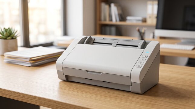 Modern compact document scanner and digital paper organizer on office desk for business digitization and paperless workflow management