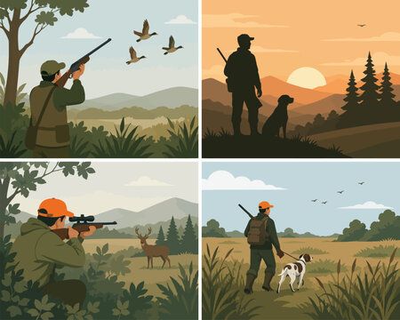 Vsai hunters and dogs engaging in different wilderness activities