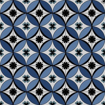 Blue Geometric Floral Seamless Pattern with Ornamental Vintage Motifs 
