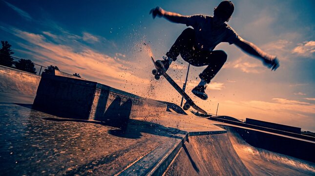 Skateboarder mid-air performing trick over concrete park ramps in dramatic setting