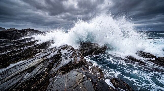 Colossal wave crashes over jagged coastal rock with dramatic natural energy.