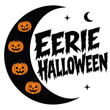 Eerie halloween scary font text with a crescent moon and carved pumpkins jack o lantern black and orange halloween celebration mysterious illustration decoration seasonal template