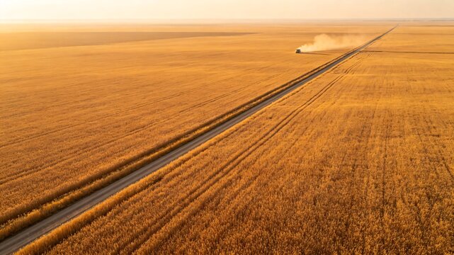 Golden wheat field with tractor on dirt road