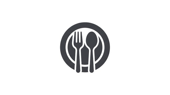Minimalist vector icon of a dinner plate with a fork and spoon, isolated on a white background