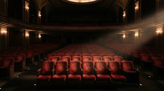 Elegantly empty vintage theater hall with plush red seats illuminated by a dramatic spotlight, capturing the grand atmosphere before a performance