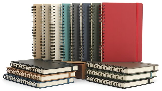 Collection of assorted colorful spiral notebooks and journals for professional stationery organization and creative writing