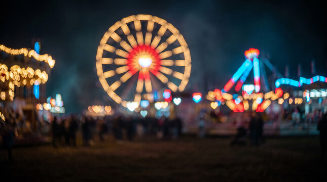 Dreamy Abstract Defocused Bokeh Lights of Night Fairground and Ferris Wheel