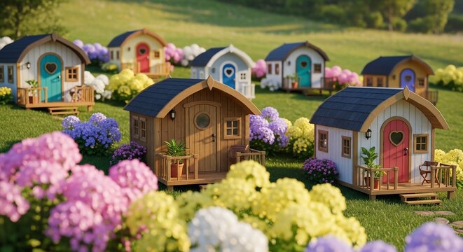 Tiny houses in a lush field