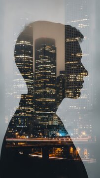 Double exposure portrait of a man silhouette combined with night city skyscrapers