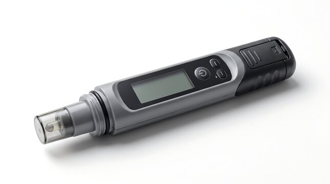 A portable digital water quality testing pen isolated on a white background.