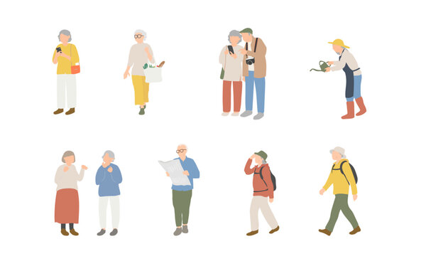 元気なシニアの日常生活と趣味・外出の人物イラストセット
