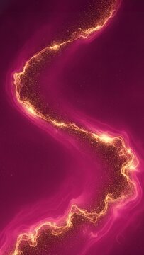 Abstract glowing golden wave and particle dust on dark pink background