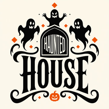 Haunted house typography banner featuring ghosts and a carved pumpkin graphic ghosts vector spooky typography holiday graphic black silhouette orange elements creepy design halloween vec