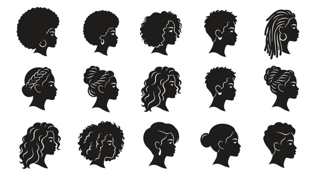 Diverse women's hairstyles vector set, collection of female profile silhouettes with different hair types and styles.