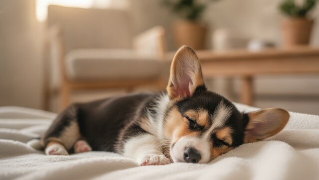 Adorable corgi puppy sleeping peacefully on a soft blanket at home
