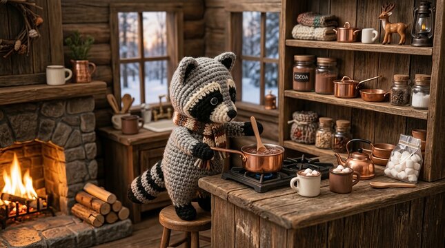 Whimsical teddy bear chef preparing a meal by the fireplace in cozy kitchen.