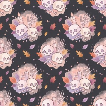 Whimsical halloween pattern with watercolor skulls bones candles and autumn leaves on dark background.