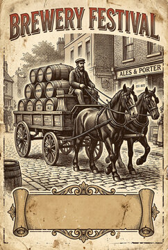 Vintage Line Art Brewery Festival Poster with Draft Horses and Beer Barrels in Engraving Style