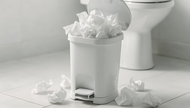 Full bathroom trash can overflowing with crumpled paper