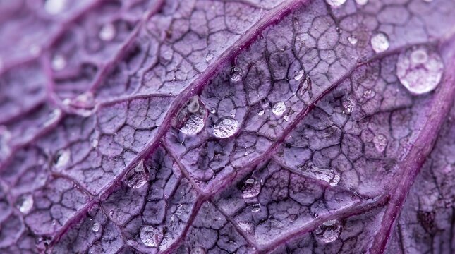 Macro close up of purple cabbage leaf veins with morning dew water droplets dew drops plant texture vegetable texture natural pattern droplets close up vegetable botanical moisture structure