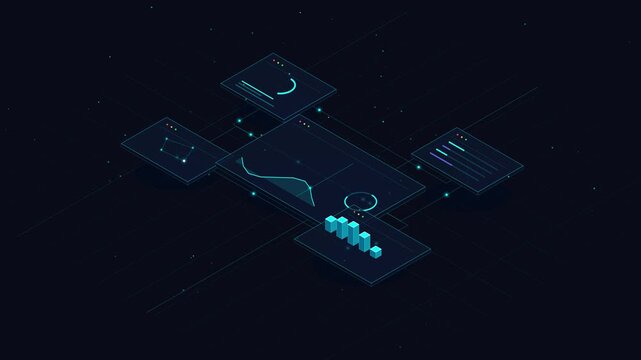 Isometric Data Analytics Dashboard with Animated Bar Charts and Graphs