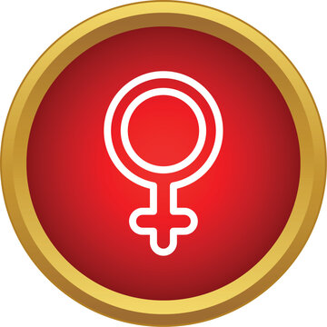 Female gender symbol displayed on a red circular button with a gold rim