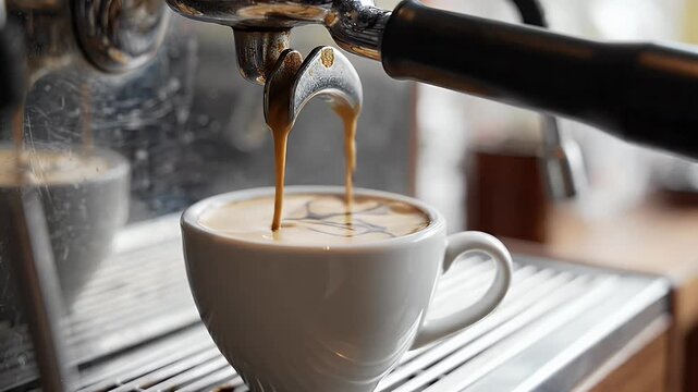 Freshly brewed espresso pours into white cup from stainless steel machine in bright cafe setting