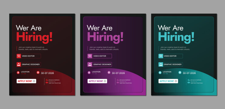 Hiring recruitment poster template for video editor and graphic designer jobs with application details, dark gradient corporate vector design