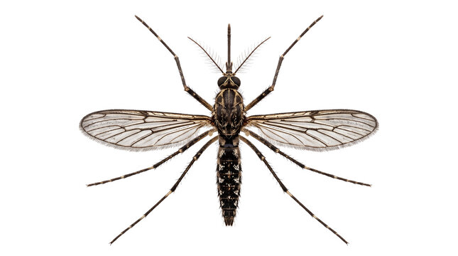 Mosquito shown from a top-down view is isolated on a white background.