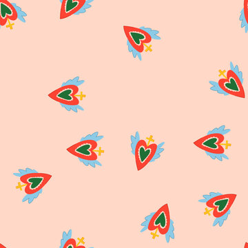 pattern flame mexican heart cartoon. seamless craft, abstract watercolor, catholic doodle flame mexican heart sign. seamless vector illustration