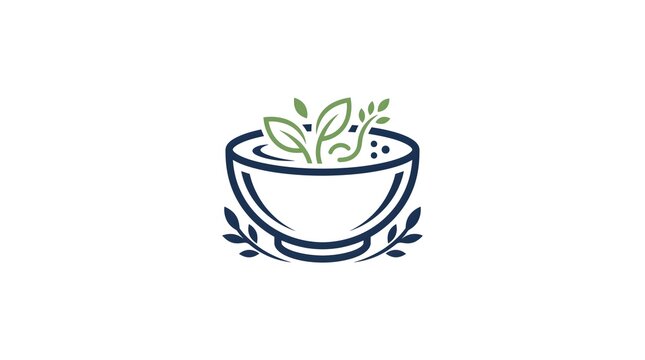 Minimalist line art vector logo of a soup bowl filled with healthy organic green leaves