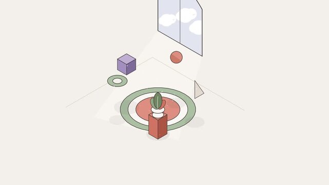 Minimalist 3D isometric animation with floating geometric shapes
