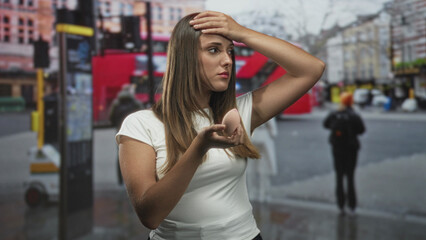 Fototapeta premium Young woman holds makeup sponge in cupped palm with other hand on forehead on a rainy city street, looking uneasy; stress fatigue.