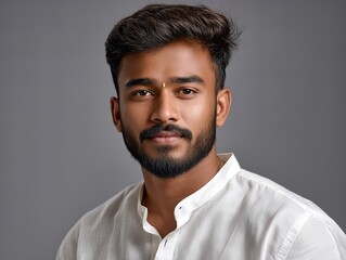 Obraz premium Portrait of Young South Indian Man in Traditional Attire. Fictional Character Created by Generative AI