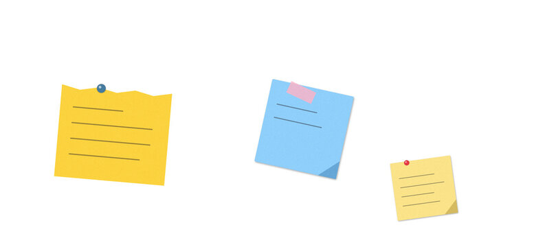Colorful adhesive sticky notes with pins and tape for reminders and office work