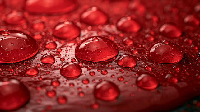 Macro close-up view of vibrant red water droplets perfectly formed and resting on a deep red, smooth, reflective surface, creating a stunning abstract pattern with sparkling highlights and