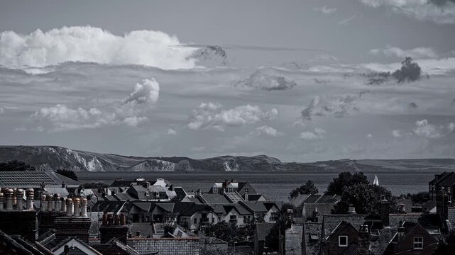 Time Lapse of Dorset Landscape Going from Sunny with Clouds to Torrential Rain in Black and White