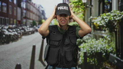 Woman police officer pressing hands to ears on street, wearing police cap and tactical vest;...